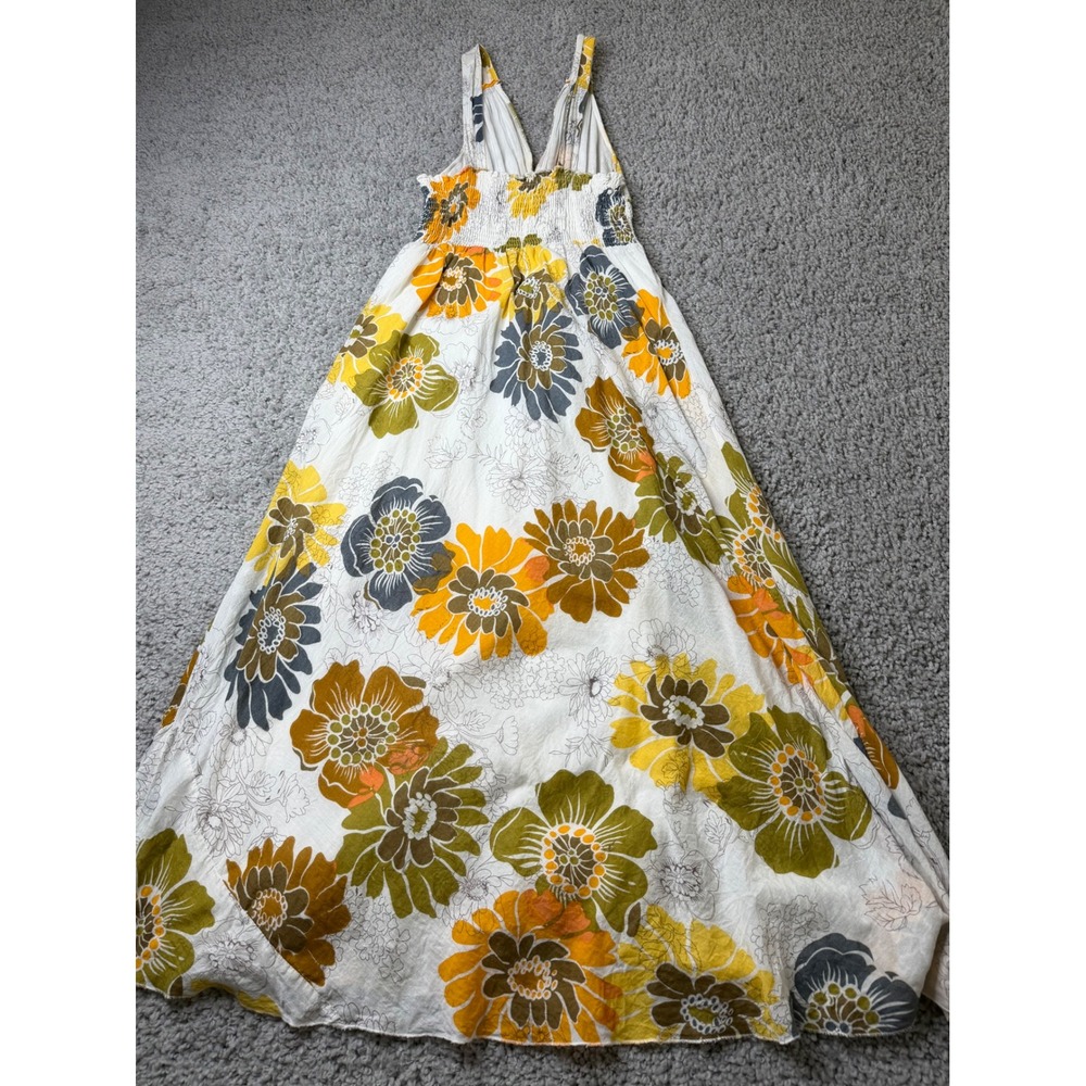 Mille Gabrielle Floral Maxi Dress Large Yellow Green Cotton Smocked Boho Sun 70s